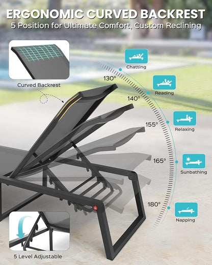 Aluminum Chaise Lounge Chair Outdoor, Foldable& No Assembly Patio Pool Lounge Chairs 5-Position Recliner for Outside, Fully Grounded Legs Sun Lounger for Poolside, Dark Grey