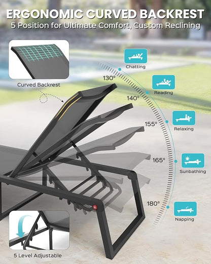 Aluminum Chaise Lounge Chair Outdoor, Foldable& No Assembly Patio Pool Lounge Chairs 5-Position Recliner for Outside, Fully Grounded Legs Sun Lounger for Poolside, 4 Packs, Dark Grey