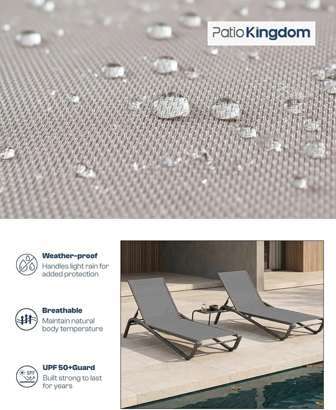 3-Piece Patio Chaise Lounge Set with Side Table, Set of 2 Adjustable Pool Chairs and Aluminum Bistro Table, All-Weather Outdoor Furniture for Pool Deck, Patio & Tanning, Grey