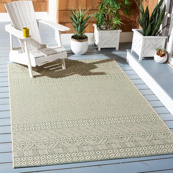 SAFAVIEH Washable Rug Outdoor Courtyard Collection - 6'7" x 9'6", Dark Green & Beige, Non-Shedding & Easy Cleaning, Ideal for Patio, Backyard, Mudroom (CY6235-32212)