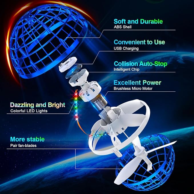 Ivtivfu Flying Orb Ball (Blue, 2025 Upgraded) with Dazzling Lights, Magic Hover Spinner, Cool Boomerang Drone, Floating Cosmic Globe, Kids Toys Gifts for 6 7 8 9 10 Year Old Boys Girls
