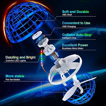 Ivtivfu Flying Orb Ball (Blue, 2025 Upgraded) with Dazzling Lights, Magic Hover Spinner, Cool Boomerang Drone, Floating Cosmic Globe, Kids Toys Gifts for 6 7 8 9 10 Year Old Boys Girls