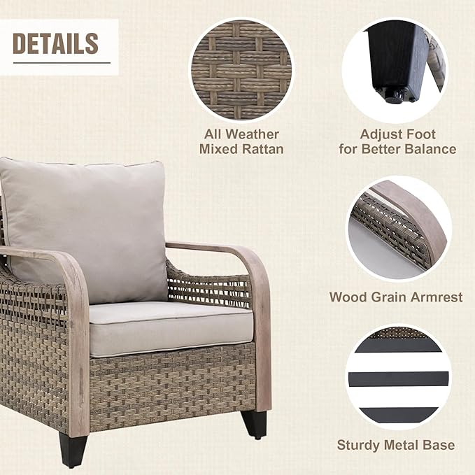 Modern Wicker Patio Furniture Set, Rattan Outdoor Conversation Set with Comfortable Cushions, 2 Patio Chairs, 2 Seat Loveseat, 2 Ottomans and Coffee Table, 6 Pieces, Brown/Gray
