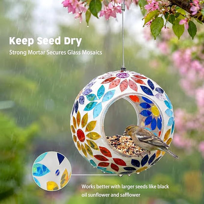VCUTEKA Bird Feeder Mosaic Fly Through Bird Feeders for Outside Hanging with Round Shape Glass Container to Attract More Wild Birds for Garden, Yard, Backyard, Deck and Porch Decor, 7-Inch