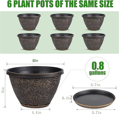 Nooulap 6 Pack 8 inch Plant Pots, Retro Firework Embossed Flower Pots with Drainage Holes and Saucer, Durable Plastic Plant Pots for Indoor Outdoor Gardening and Home Decoration