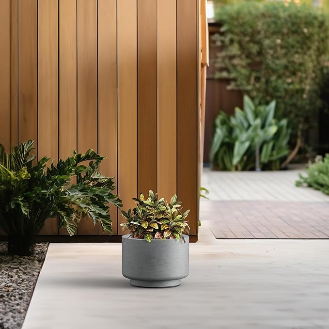Kante 10 Inch Dia Concrete Planter, Round Pedestal Design Garden Pot for Indoor Outdoor Plants, Modern Flower Pot with Drainage Hole and Rubber Plug, Natural Concrete