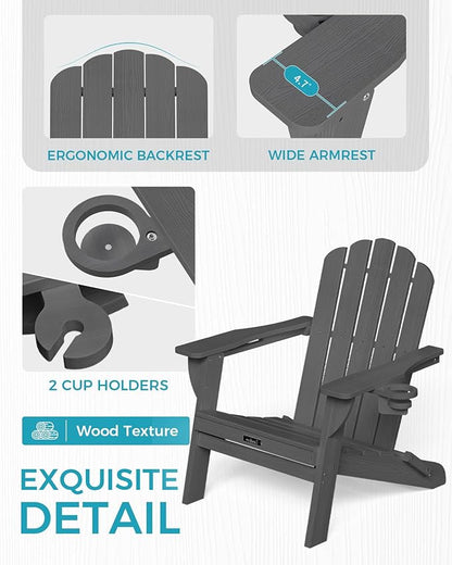 Adirondack Chairs Set of 6, Fire Pit Chairs, Wood Texture Patio Chairs with 2 Cup Holder, Outdoor Lawn Chair, Grey