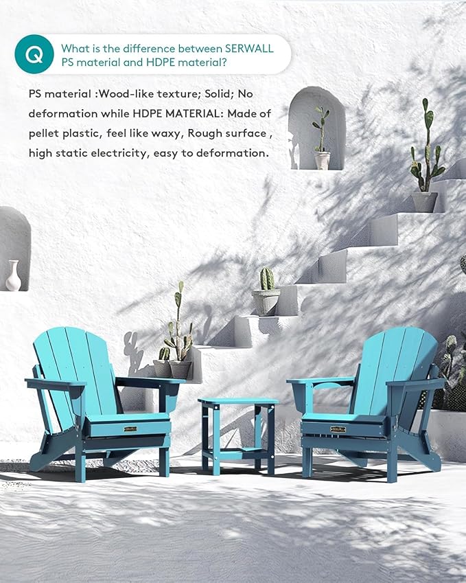 SERWALL Folding Adirondack Chair Outdoor Adirondack Chairs Weather Resistant Patio Chair Fire Pit Chairs - Light Blue