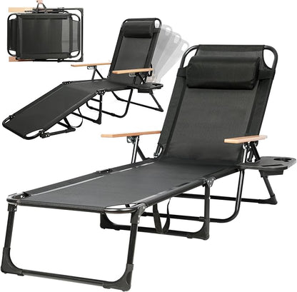 Outdoor Chaise Lounge Chair with 4-Position Adjustable Backrest, Patio Folding Sun Tanning Chair, Pillow & Cup Holder, Portable Recliner Sunbathing Lounger Chairs for Pool Beach Lawn Garden (Black)