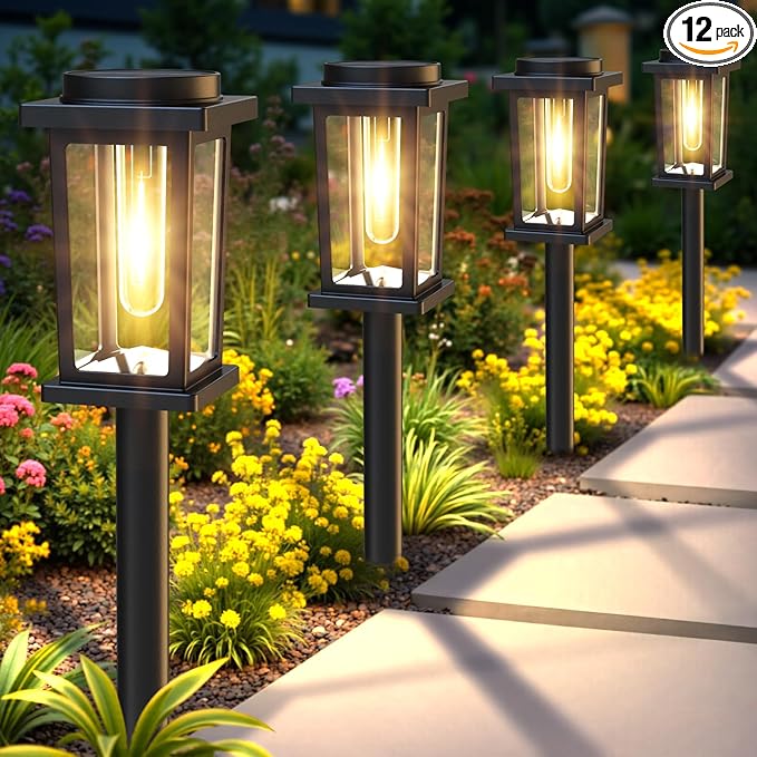 Melunar Solar Pathway Lights Outdoor, 12 Pack Solar Powered Garden Lights Waterproof, Auto On/Off Outdoor Landscape Lights for Patio, Walkway, Driveway, Lawn, Pool Decor. (Warm White)