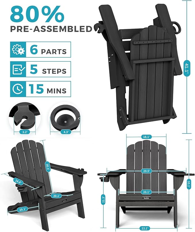Folding Adirondack Chairs Set of 2, All-Weather HDPE Fire Pit Chair with 2 Cup Holders, Plastic Outdoor Chair for Patio Deck Garden Lawn, Black