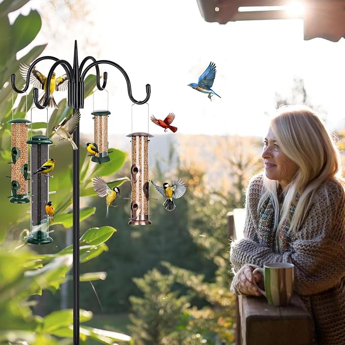 FEED GARDEN Heavy Duty Shepherds Hook 2 Pack 76" Four Hooks Adjustable (44/60/76") - Metal 5-Prong Base, 17lb Capacity - Easy Assembly Bird Feeder Pole for Hanging Planters, Lanterns, Wind Chimes