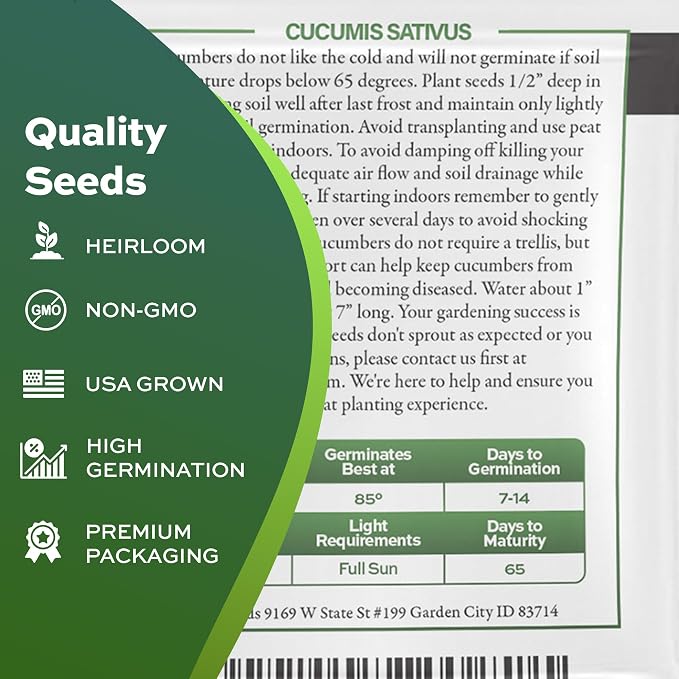 National Pickling Cucumber Seeds for Planting - Heirloom, Non-GMO, USA Grown Seeds in Premium Waterproof Packaging with Plant Information and Instructions - Cucumis Sativus