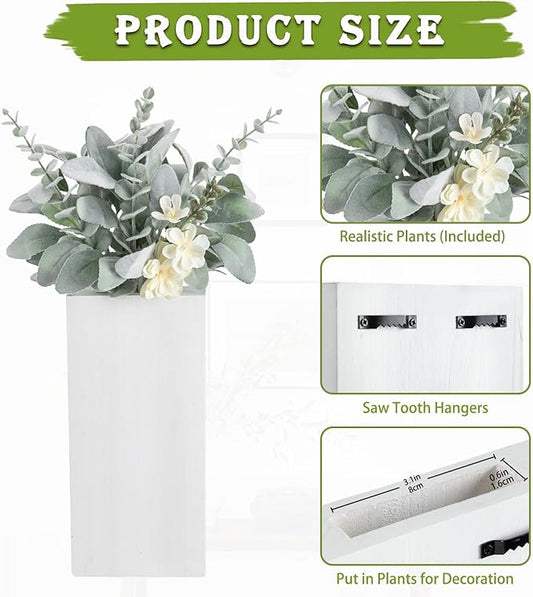Wood Wall Planters 2 Pack with Artificial Greenery Plants - Pocket Wall Vases for Dried Flowers - Wood Wall Decor Hanging Planters for Living Room, Bedroom, Home Decor - White