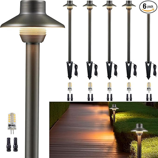 Gardenreet Brass Low Voltage Pathway Lights, Waterproof Landscape Outdoor Path Light, 12V LED Bronze Mini Shade Driveway Lamp for Garden Yard House with 3W 270LM 4000K G4 Bulb 6 Pack