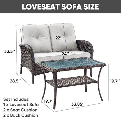 HUMMUH Outdoor Loveseat Sofa 2-Seat PE Wicker Outdoor Couch with Coffee Table, Deep Seat High Back Patio Furniture for Patio, Garden, Porch, Deck (Beige)