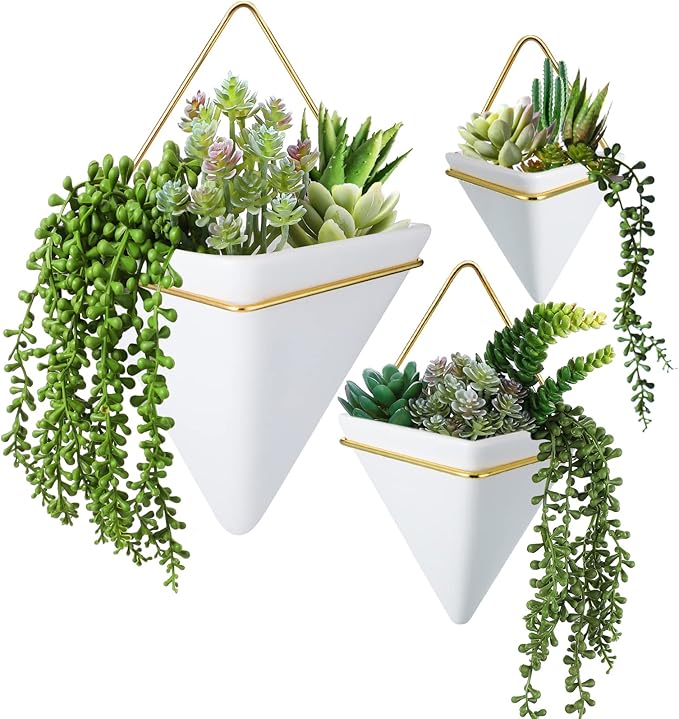 Rtteri 15 PCS Wall Hanging Planter Set with Artificial Succulents, 3 Ceramic Geometric Wall Planters in 3 Sizes, Modern Indoor Decor for Living Room Bathroom Office