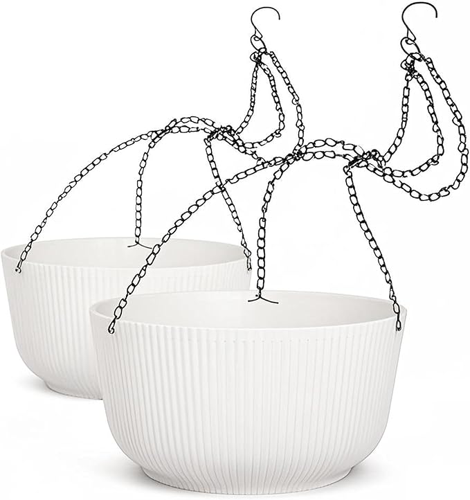 Dexceder 9.8 Inch Self Watering Hanging Planters Indoor Outdoor, Thickened Hanging Basket Flower Plant Pot (2 Pack, White)