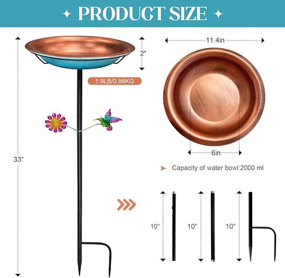 WANGIRO 11.4" Standing Bird Bath for Outdoors - 33" Tall Metal Birdbaths with Trellis Stake,Retro Copper & Blue Garden Decor, Detachable Bowl with Hummingbird & Flower Accent for Yard, Patio, Lawn