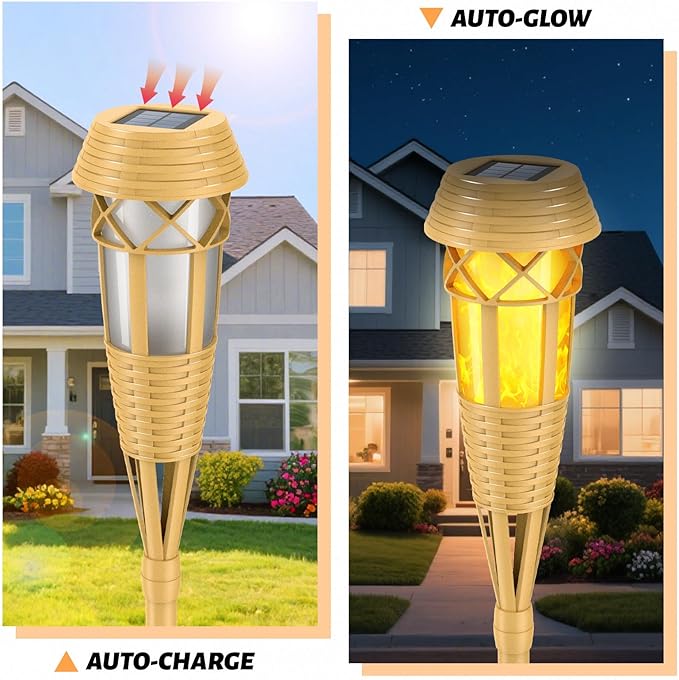Solar Outdoor Lights – Torches with Flickering Flame for Garden Decor, Waterproof Garden, Outdoor Patio & Pathway Yard Decorations with Flame Torches - 4 Pack