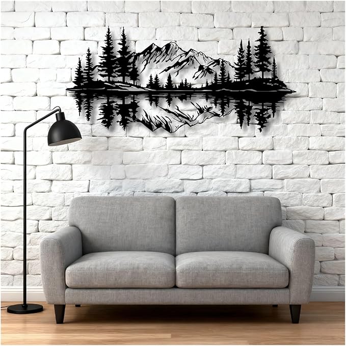 Mountain View Metal Wall Art,Nature Landscape Home Decor with Reflection,Black Iron Sculpture for Bedroom Garden Living Room Outdoor Office(Black,19 x9 in/47x22 cm)