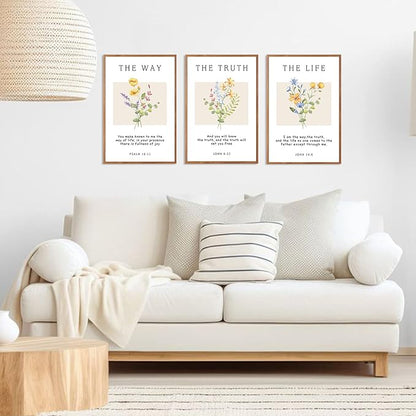CHDITB Christian Bible Verse Framed Wall Art Set, Floral Scripture Canvas Prints, The Way The Truth The Life Religious Painting, Faith Inspirational Decor for Living Room, Bedroom, Church 16"x24"X3