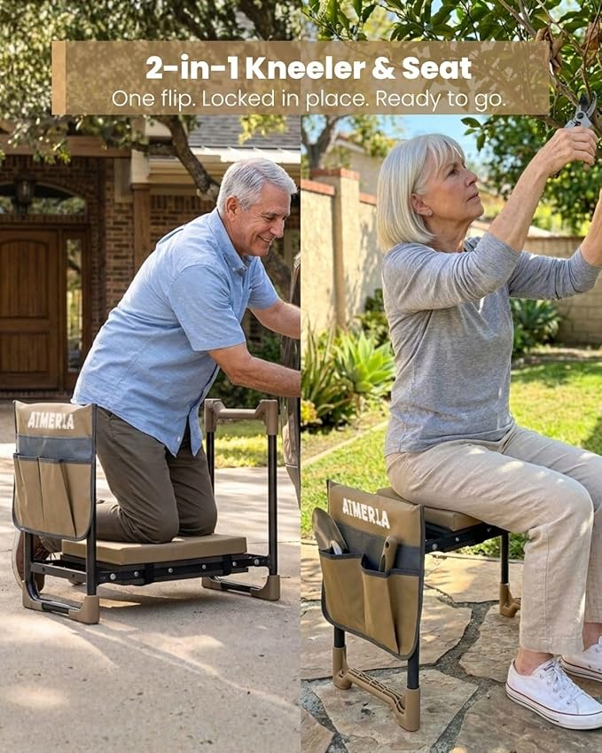 Aimerla K7 Foldable Garden Kneeler Seat, Upgraded Anti-Slip Base, 350LBS Capacity, 10.2" Wide EVA Pad & Detachable Cloud Cushion, 2-in-1 Kneeler Bench for Seniors, Gardening Gifts for Parents