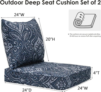 Outdoor Patio Chair Cushions Set, 24" x 24", Set of 2, Water-Repellent, Fade Resistant, Deep Seat Bottom and Back Cushion for Backyard, Couch, Sofa and Patio Furniture, Damask Blue Flower