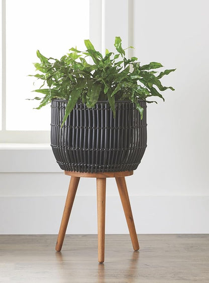 Round Resin Planter with Stand, 13.5 Inch Black Woven Rattan Look Planter and Wood Legs