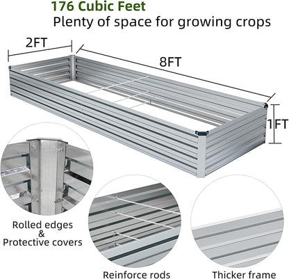 Meberam 2 Pack 8x2x1FT Galvanized Raised Garden Beds Kit Outdoor Metal Gardening Planter Box for Vegetable Elevated Flower Herbs,Silver