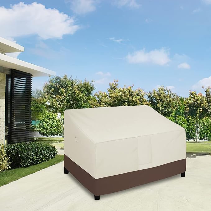 Easy-Going Heavy Duty Waterproof Outdoor 2-Seater Patio Couch Cover - Windproof with Air Vent (76Wx40Dx33H inch, Beige/Dark Brown)