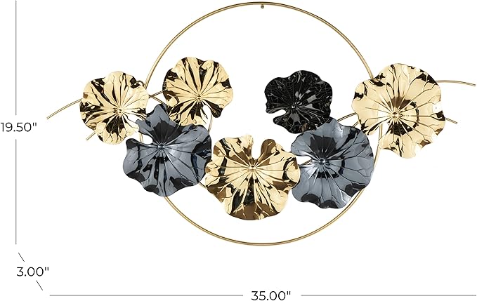 Deco 79 Stainless Steel Metal Floral Home Wall Decor Wall Sculpture with Circular Frame and Black Accents, Wall Art 35" x 3" x 20", Gold