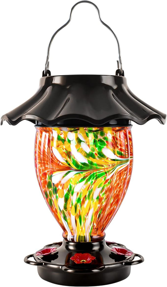 LUJII Solar Hummingbird Feeder for Outdoors Hanging with Color Changing, Hand Blown Glass Reservoir, 32 fl.oz, Never Leak, Lighted Lantern for Garden Decor, Unique Gift for Bird Lover (Red)