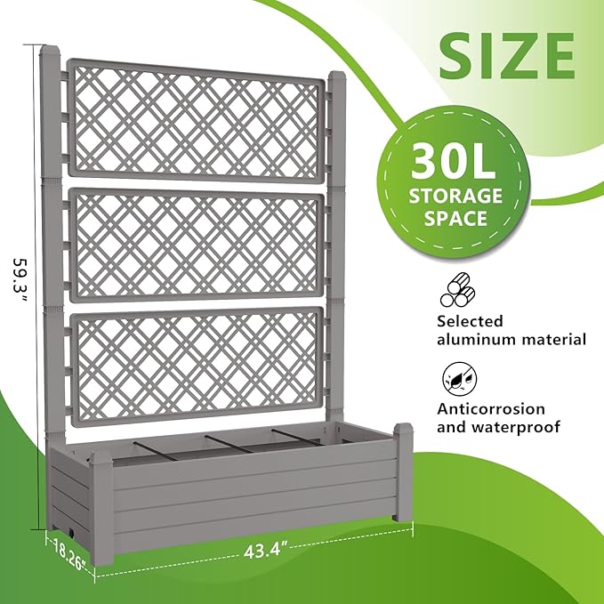Vixzen 59" Tall Raised Garden Bed,Outdoor Large Resin Planter Box with Trellis and Drain Plug for Climbing Plants,Easy to Assemble,Water Monitor Grey, 43.43"×18.27"×59.29"