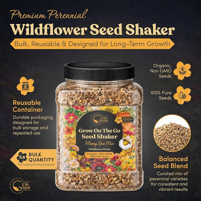 Bulk Wildflower Seed Mix – Honey Bee Wildflower Seed Mix 1 Pound Tub by GevaGrow | Bulk 300,000+ Seed Tub | 19 Variety Flower Seeds for Planting in Pots & Outdoor Gardens | No Messy Bags or Packets |