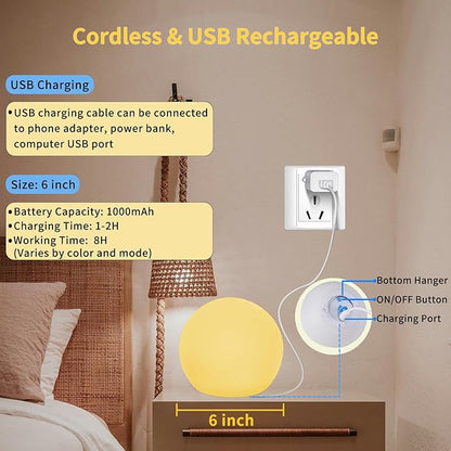LED Ball Light,6-Inch Cordless Orb Light with Remote,16 Color Changing Night Light for Kids,Rechargeable Mood Lamp,IP68 Waterproof for Home,Party,Pool,Christmas Decor
