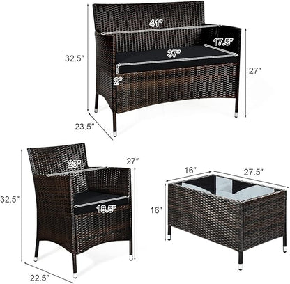 Goplus 4-Piece Rattan Patio Set, Outdoor/Indoor Wicker Conversation Set for Pool, Backyard, Lawn, Wicker Chairs and Sofa with Soft Cushion, Rattan Furniture with Tempered Glass Coffee Table