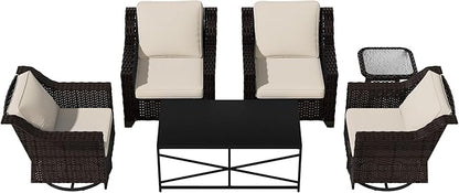 Vista Vibe 6 Pieces Outdoor Rattan Patio Conversation Furniture Set - 360 Degree Swivel Glider Rocker Chairs | Coffee Table | 2 Wicker Chairs, Washable Cushions, Terrace, Sunroom (Brown/Beige)