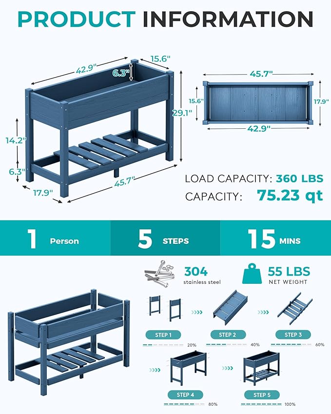 SERWALL Raised Garden Bed, HDPE Raised Bed for Gardening All Weather Use- Blue