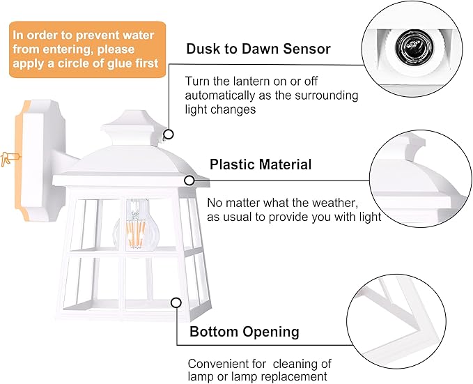 FUDESY Dusk to Dawn LED Outdoor Wall Lantern,White Plastic Photocell Sensor Porch Light with 8W 800LM Edison Filament Bulb,Exterior Wall Mount Light Fixture for Yard,Patio,Garage,FDS747EPSW1