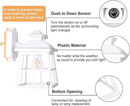 FUDESY Dusk to Dawn LED Outdoor Wall Lantern,White Plastic Photocell Sensor Porch Light with 8W 800LM Edison Filament Bulb,Exterior Wall Mount Light Fixture for Yard,Patio,Garage,FDS747EPSW1