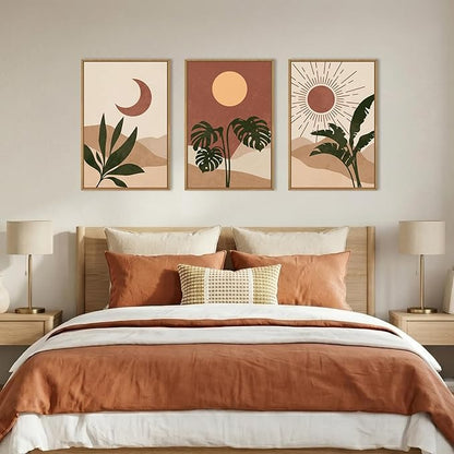 KAIRNE Vintage Sun and Moon Framed Canvas Wall Art Set,Boho Desert Botanical Wall Decor,Abstract Green Terracotta Art Prints,Retro Minimalist Artwork for Living Room,Bedroom,Farmhouse,Office-24"x36"x3