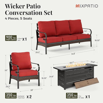 Patio Furniture Set with Firepit Table, Black Frame Outdoor Conversation Set with 2 x Fixed Chairs, 1 x 3-Seat Sofa for Lawn Garden Backyard, Red