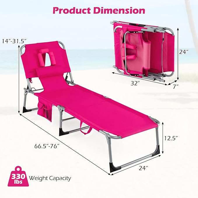 GYMAX Tanning Chair with Face Hole, Sun Bathing Lounge Chairs for Outside with Side Pocket, Folding Portable Face Down Layout Tanning Chair Beach, Backyard, Poolside, Lawn (Pink,2)