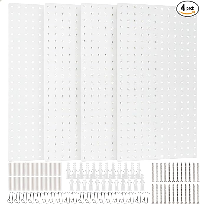 DEWEL Peg Board, 23" x 12" Metal Pegboard Panels, 4 Pack Metal PegBoard Organizer with Accessories, Wall Organizer Peg Board for Garage and Garden Tool Storage, Includes Installation kit（4pcs white）