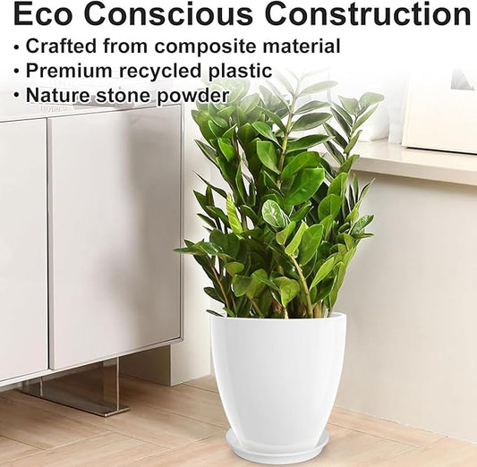 GameXcel Flower Pot Indoor - Outdoor Plant Pot - White Glossy Planter - Elegant Ceramics Imitation - 12" Diameter 12" Tall with Drainage Holes and Saucer 2 Pack