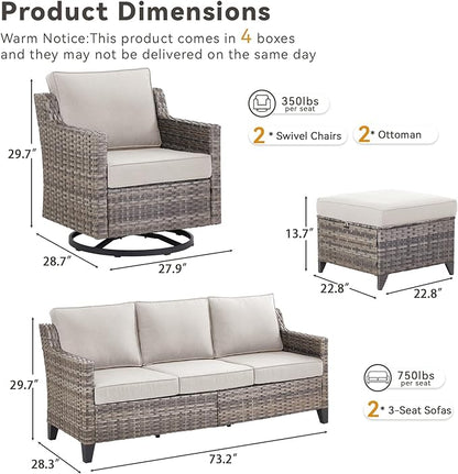 Outdoor Patio Furniture Set-6 Piece High Back Outdoor Furniture Set Sectional Sofa with Wicker Swivel Rocker Patio Chairs,Thick Cushions Ottomans for Porch Balcony Patio Deck Grey/Beige