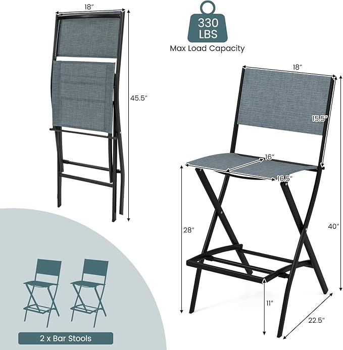 COSTWAY Outdoor Patio Bar Chair Set of 2, Folding Bar Height Stool with Metal Frame & Footrest, Patio Bar Stool for Balcony, Garden & Poolside (2, Blue)