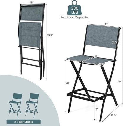 COSTWAY Outdoor Patio Bar Chair Set of 2, Folding Bar Height Stool with Metal Frame & Footrest, Patio Bar Stool for Balcony, Garden & Poolside (2, Blue)