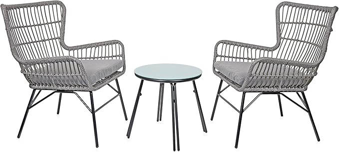 Alpine Corporation Patio Furniture 3 Pieces Outdoor Resin Wicker Conversation with Cushions Bistro Set for Patio & Deck, Gray